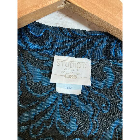 Studio C Jacket Womens 16W Dark Turquoise Jacquard Shiny Tapestry Button Front - Picture 3 of 13